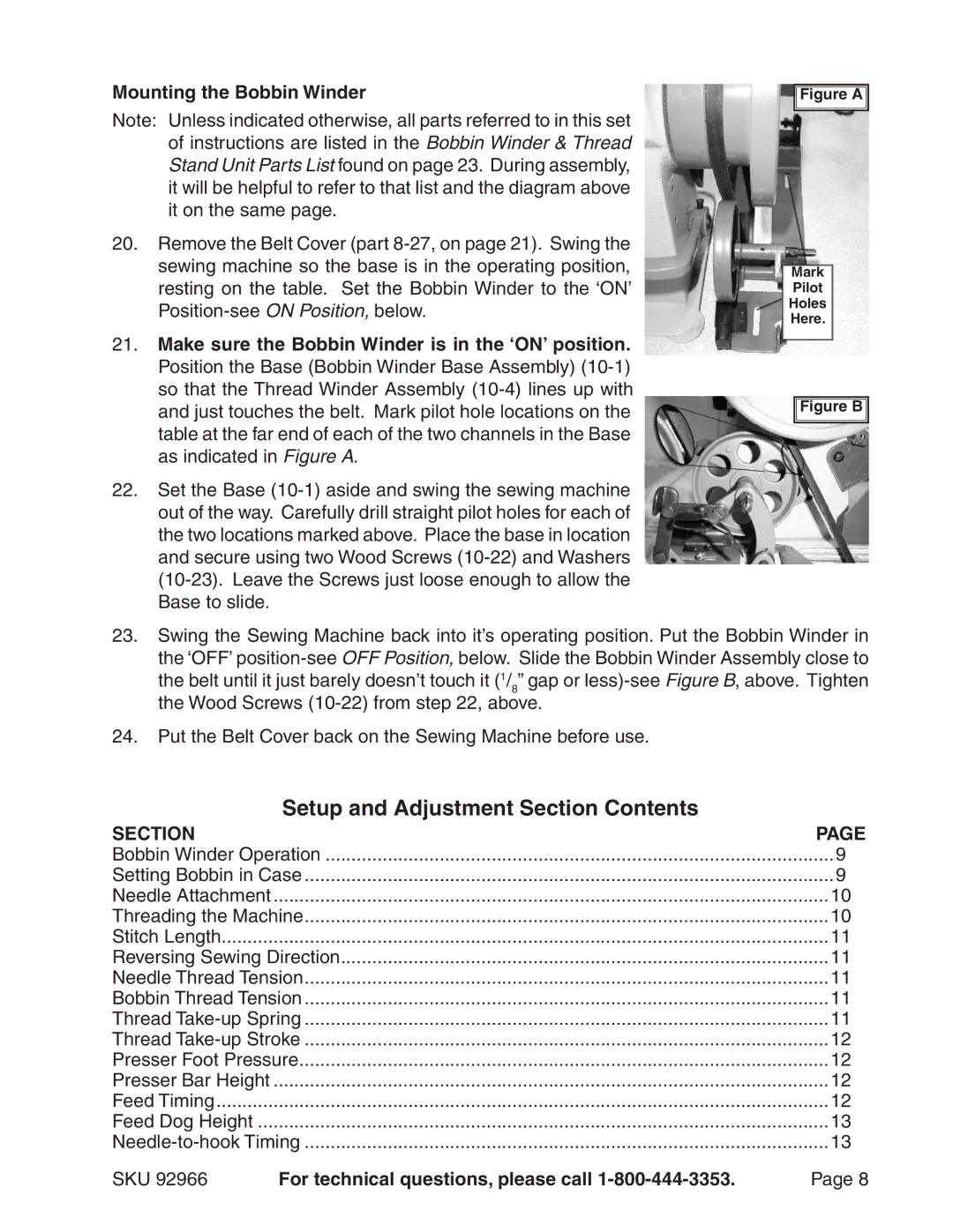 Harbor Freight Tools 92966 manual Setup and Adjustment Section Contents 