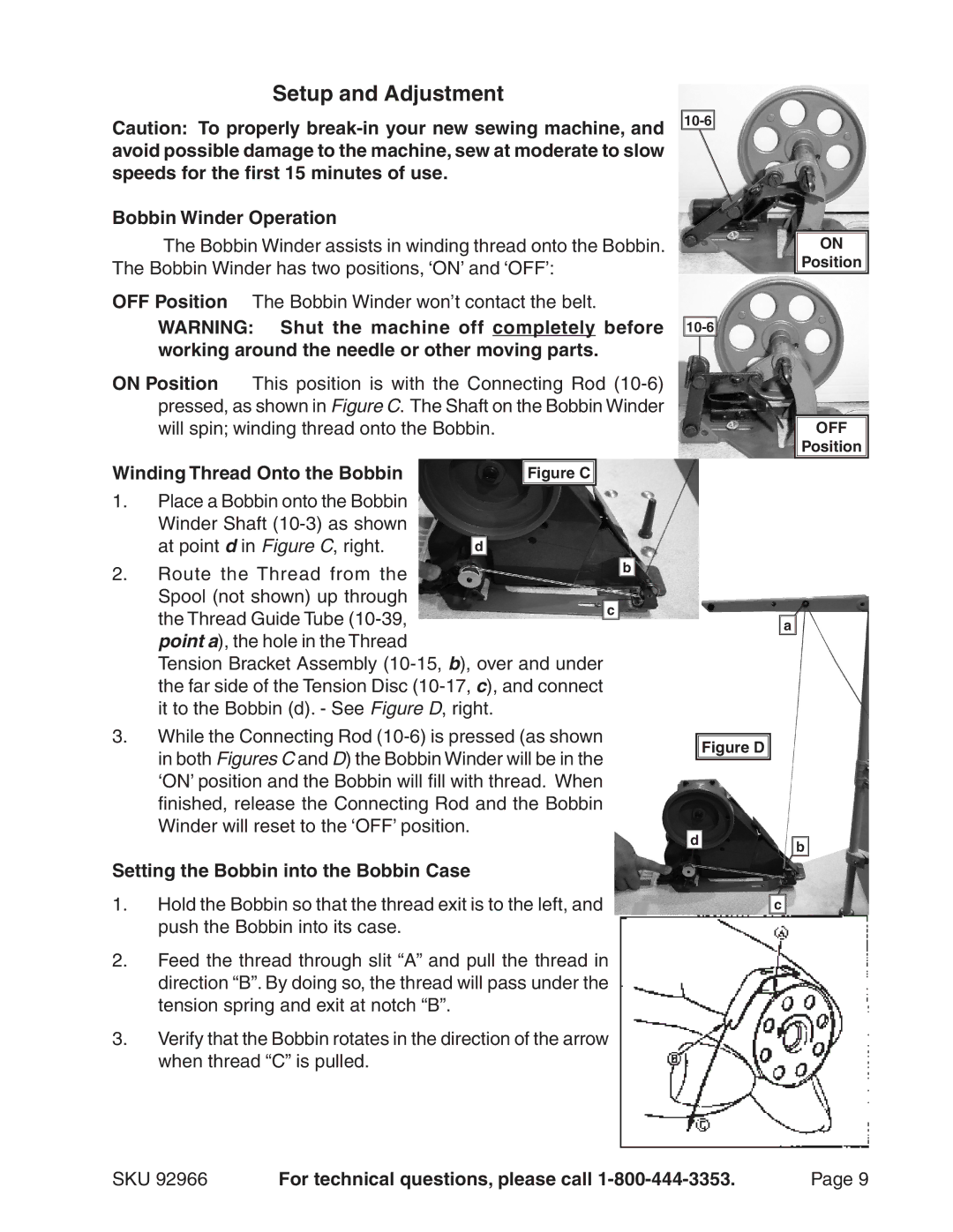 Harbor Freight Tools 92966 manual Setup and Adjustment, Bobbin Winder Operation, Winding Thread Onto the Bobbin 