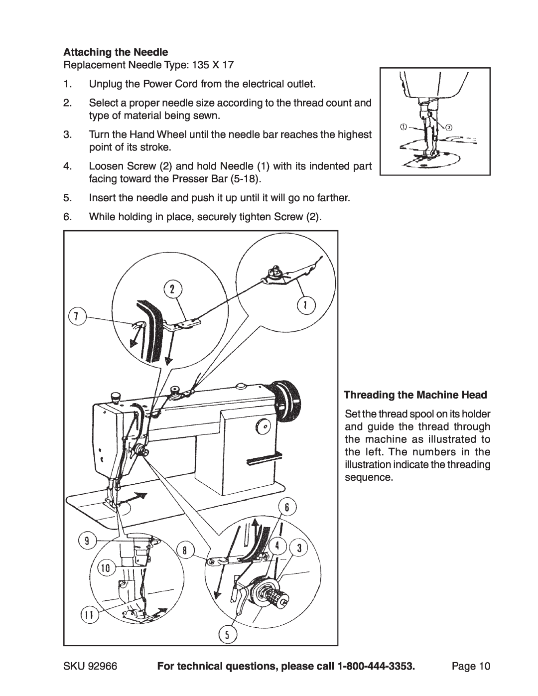 Harbor Freight Tools 92966 manual Attaching the Needle, Threading the Machine Head, Replacement Needle Type 135 X 