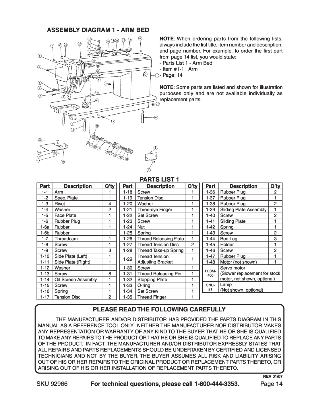 Harbor Freight Tools 92966 manual ASSEMBLY Diagram 1 - ARM BED, Parts List, Please Read The Following Carefully, Page, Q’ty 