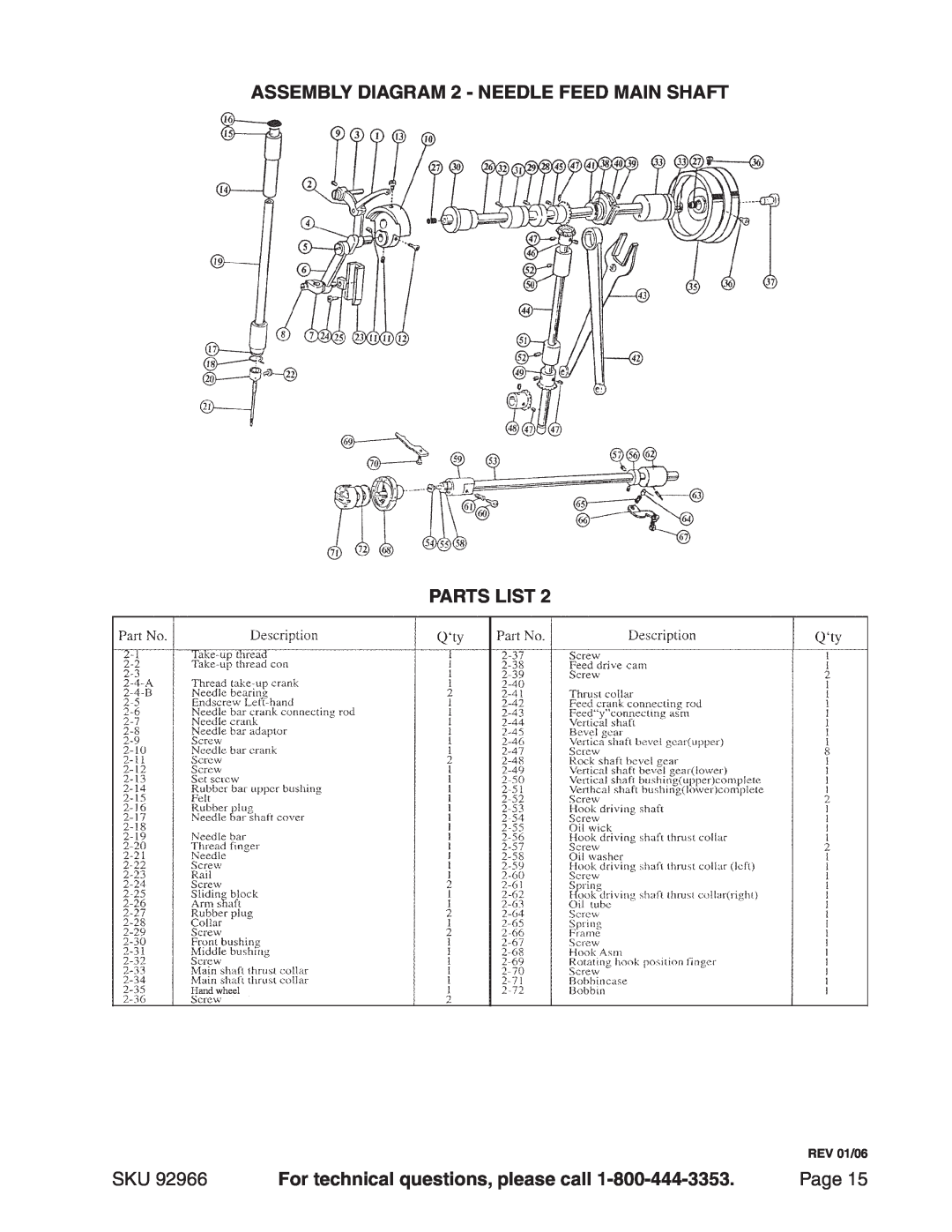 Harbor Freight Tools 92966 ASSEMBLY Diagram 2 - Needle feed main shaft PARTS LIST, For technical questions, please call 