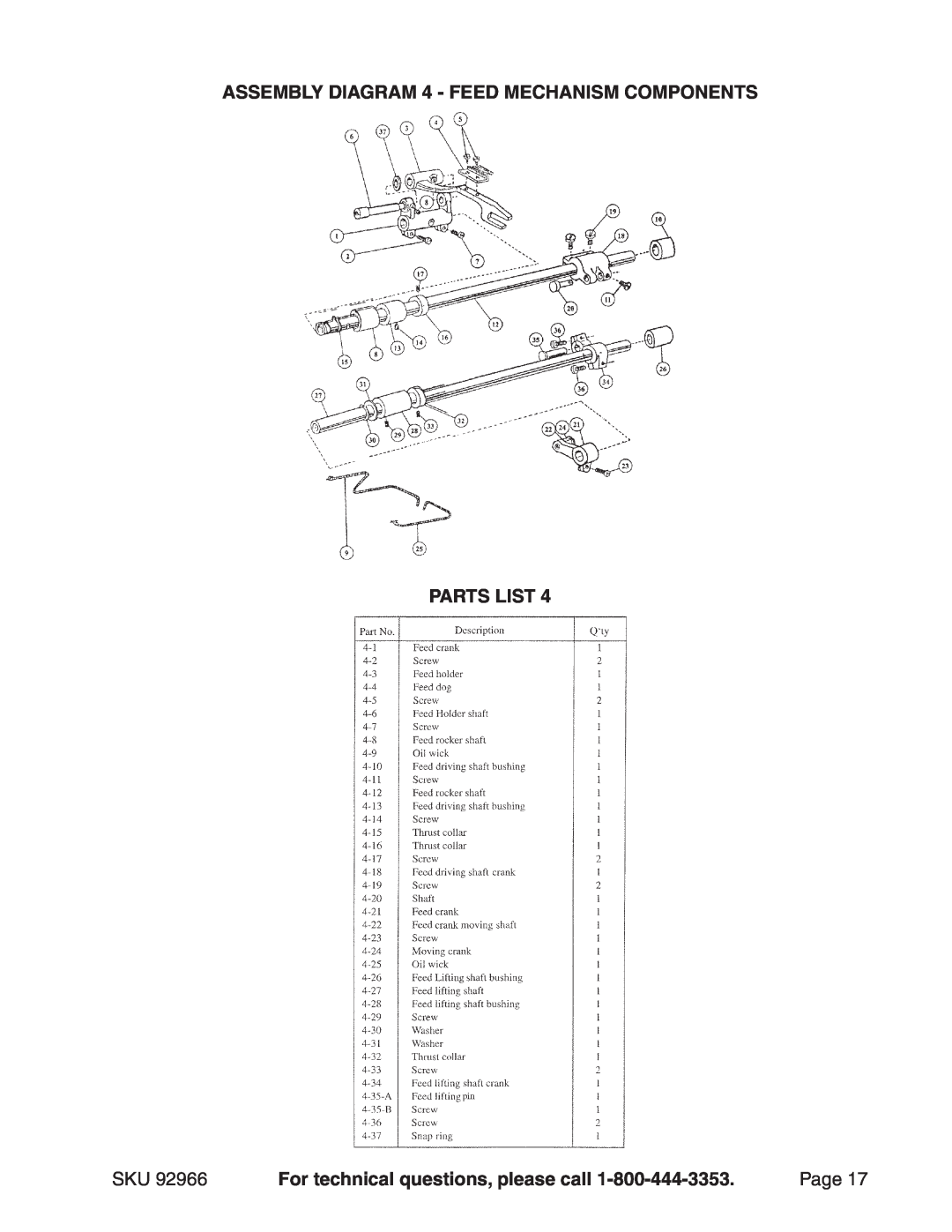Harbor Freight Tools 92966 manual ASSEMBLY Diagram 4 - Feed Mechanism Components, Parts List, Page 