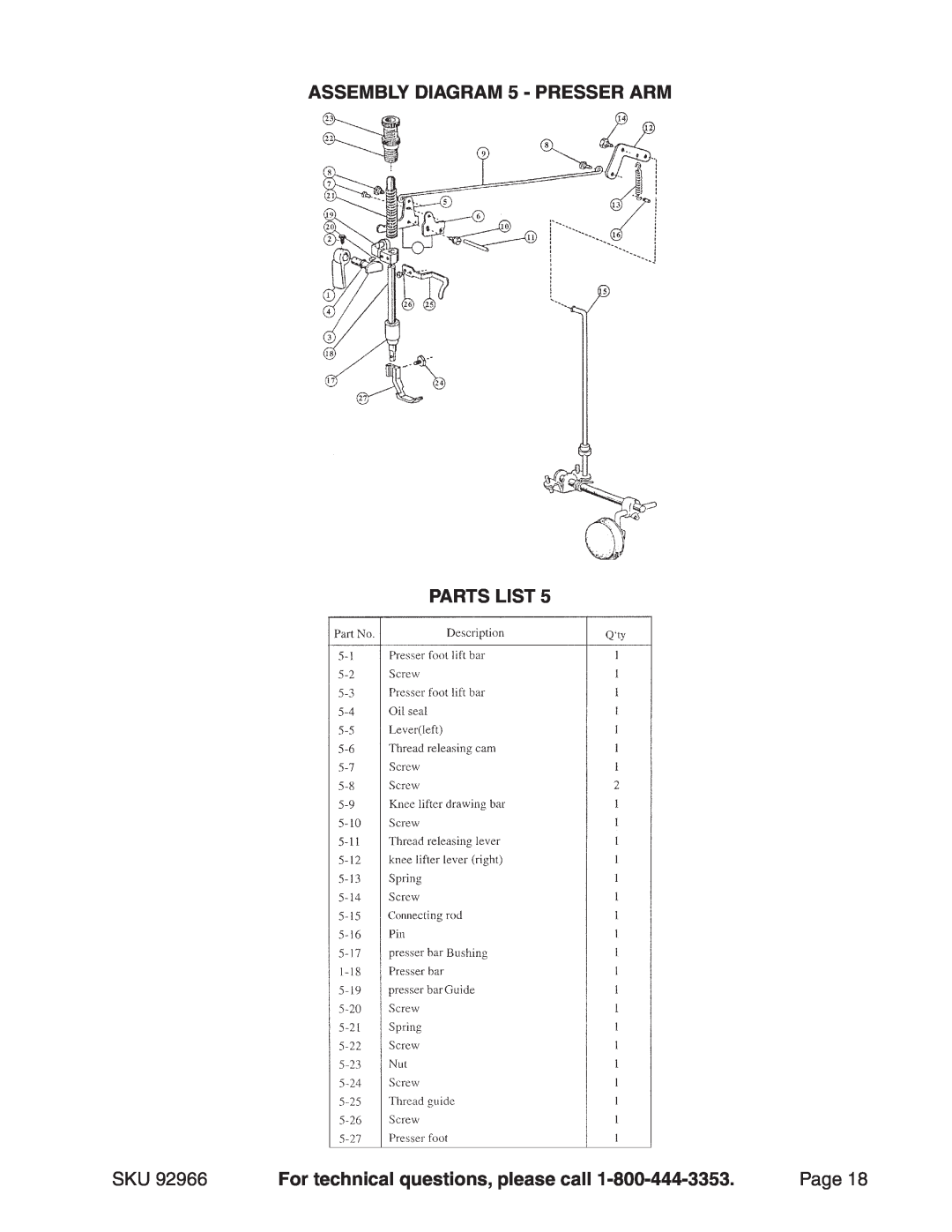 Harbor Freight Tools 92966 manual ASSEMBLY Diagram 5 - Presser Arm, Parts List, For technical questions, please call, Page 