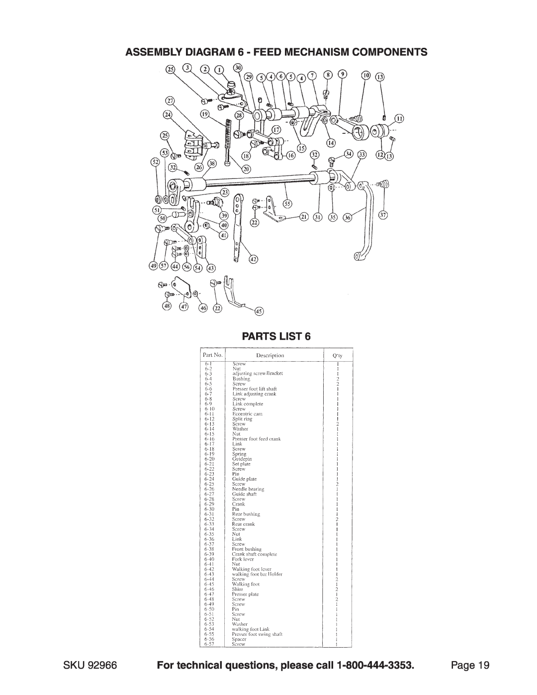 Harbor Freight Tools 92966 manual ASSEMBLY Diagram 6 - Feed mechanism components, Parts List, Page 