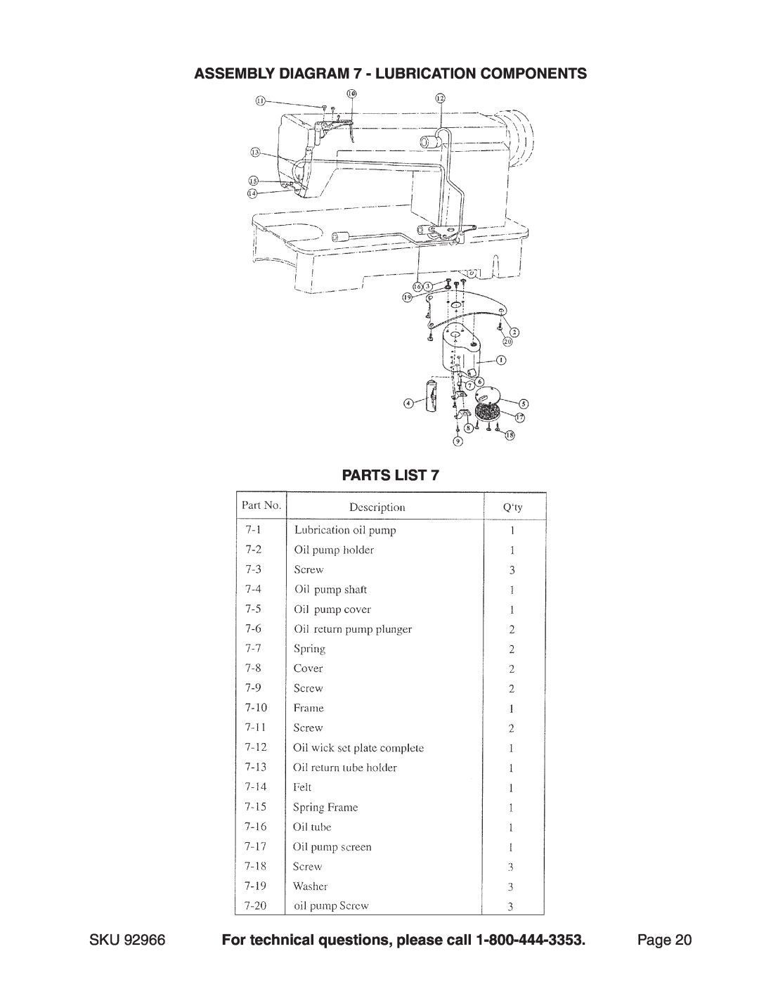 Harbor Freight Tools 92966 ASSEMBLY Diagram 7 - Lubrication Components, Parts List, For technical questions, please call 
