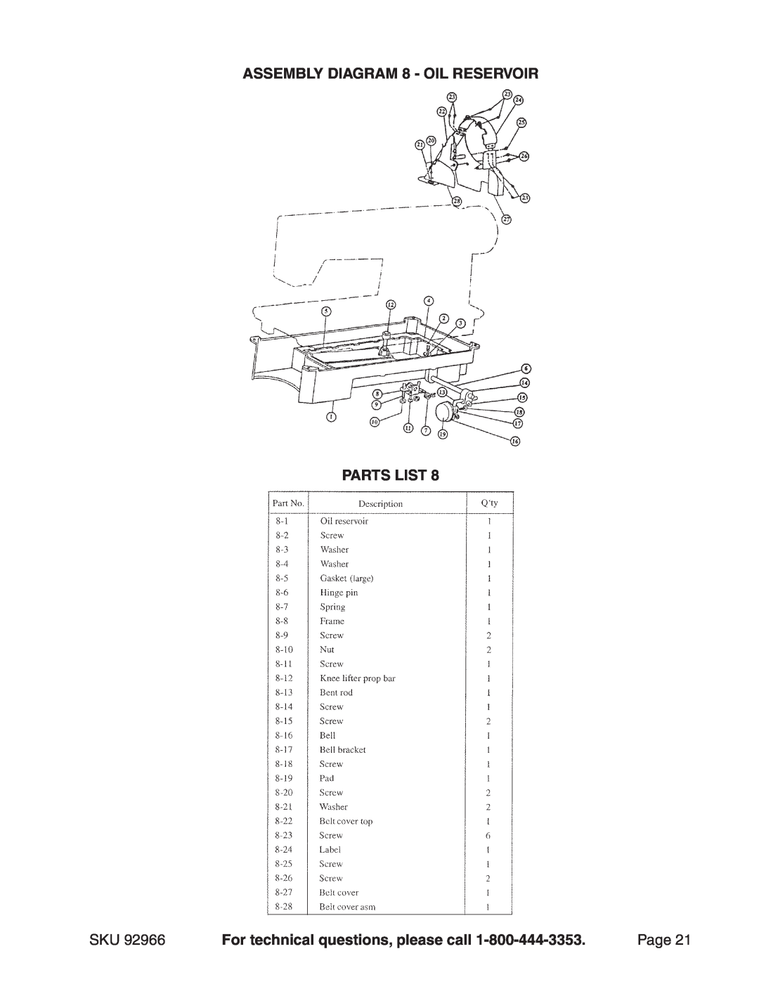 Harbor Freight Tools 92966 ASSEMBLY Diagram 8 - Oil reservoir, Parts List, For technical questions, please call, Page 