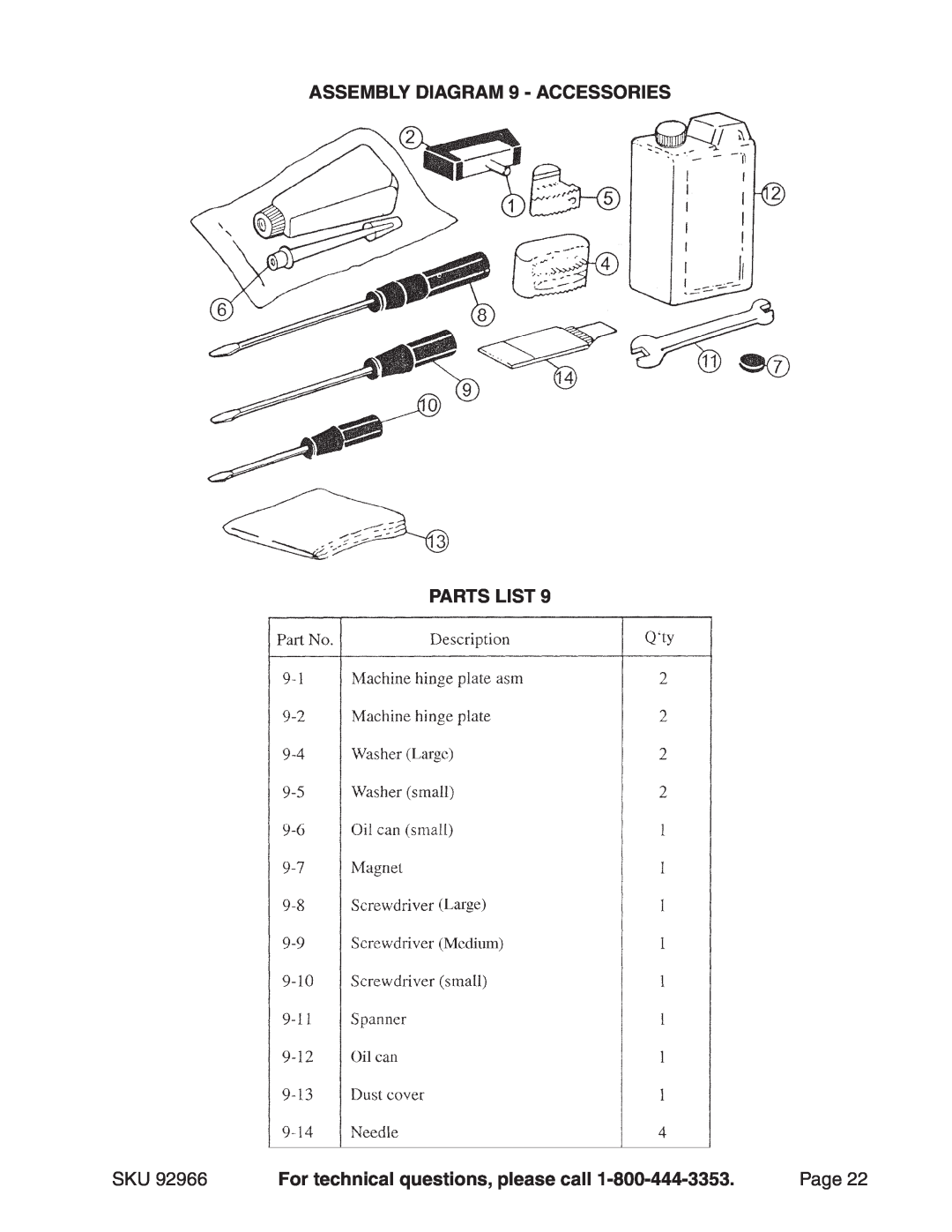 Harbor Freight Tools 92966 manual ASSEMBLY Diagram 9 - Accessories, Parts List, For technical questions, please call, Page 