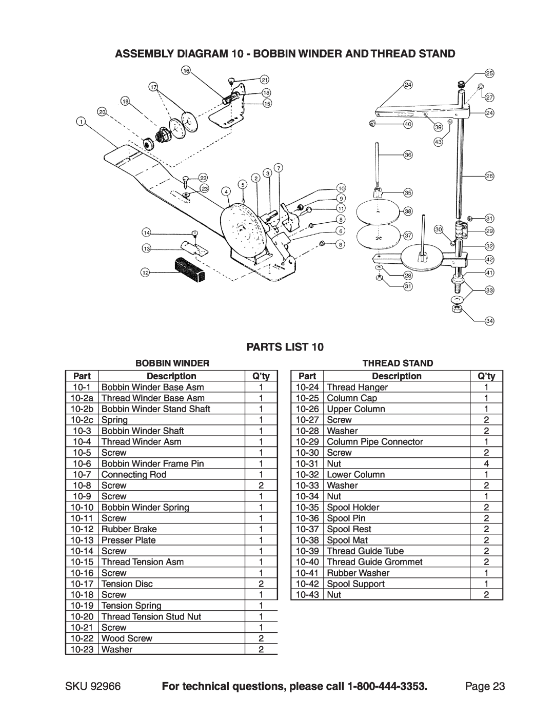 Harbor Freight Tools 92966 ASSEMBLY Diagram 10 - Bobbin Winder and Thread Stand PARTS LIST, Page, Part, Description, Q’ty 