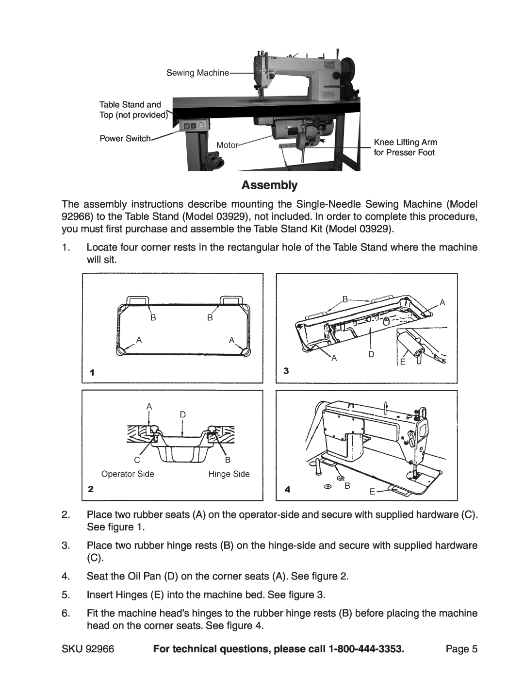 Harbor Freight Tools 92966 manual Assembly, For technical questions, please call 