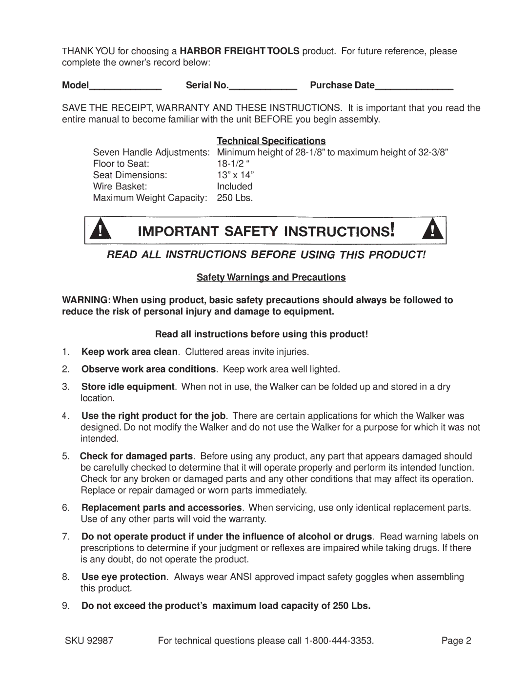 Harbor Freight Tools 92987 operating instructions Model Serial No. Purchase Date, Technical Specifications 