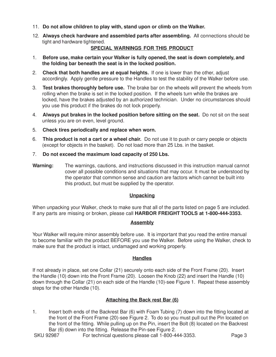 Harbor Freight Tools 92987 Special Warnings for this Product, Assembly, Handles, Attaching the Back rest Bar 