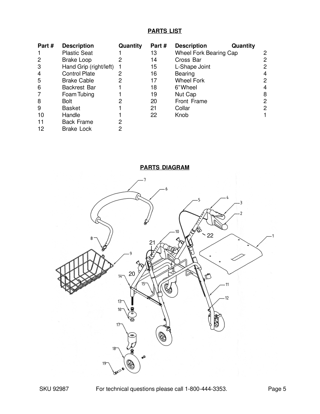 Harbor Freight Tools 92987 operating instructions Parts List, Description Quantity, Parts Diagram 