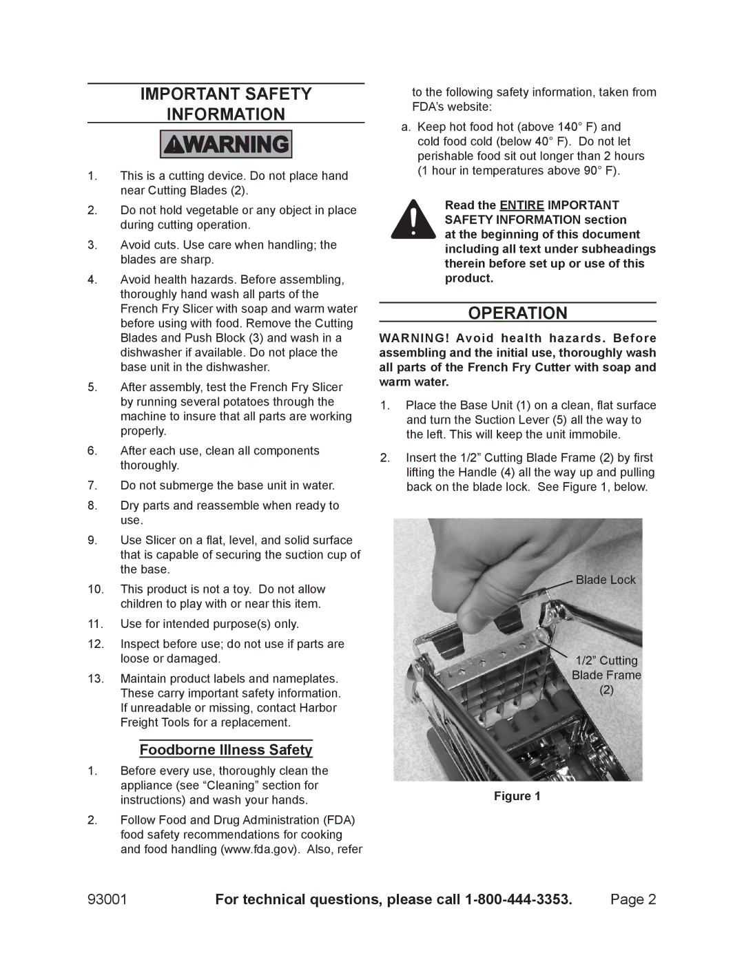 Harbor Freight Tools 93001 specifications Important Safety Information, Operation 