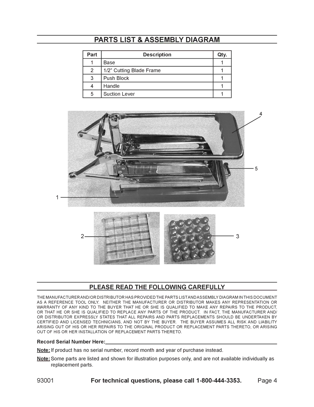 Harbor Freight Tools 93001 specifications Parts List & assembly diagram, Please Read the Following Carefully 