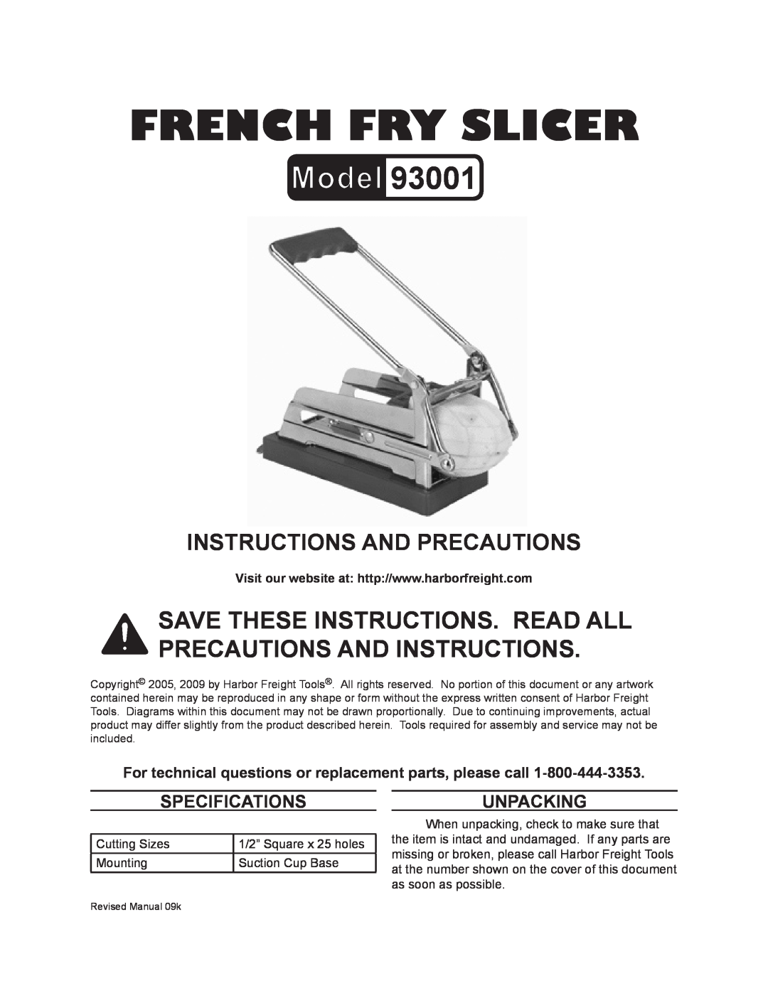 Harbor Freight Tools 93001 specifications Specifications, Unpacking, FRENCH FrY SLICER, Instructions and precautions 