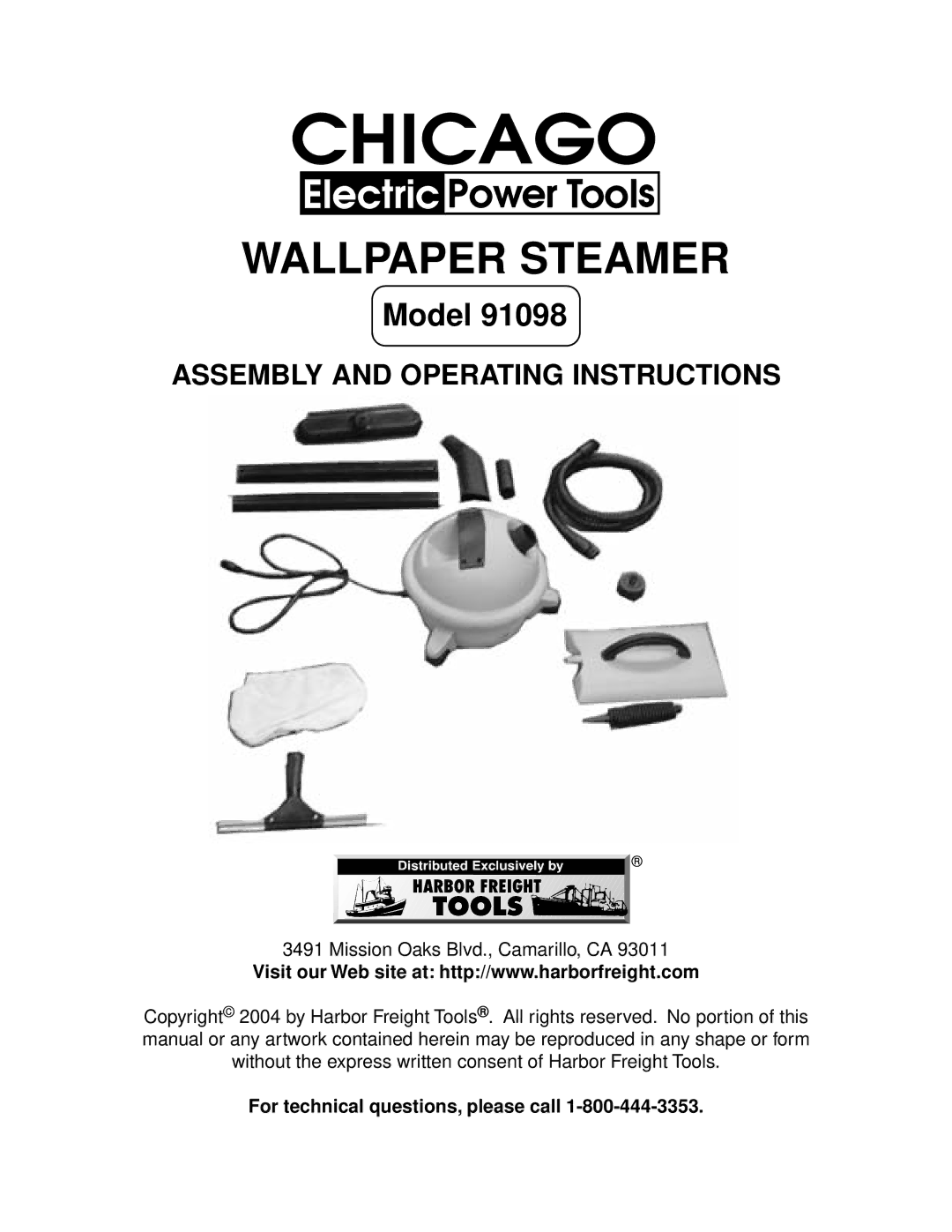 Harbor Freight Tools 93011 manual Wallpaper Steamer, For technical questions, please call 