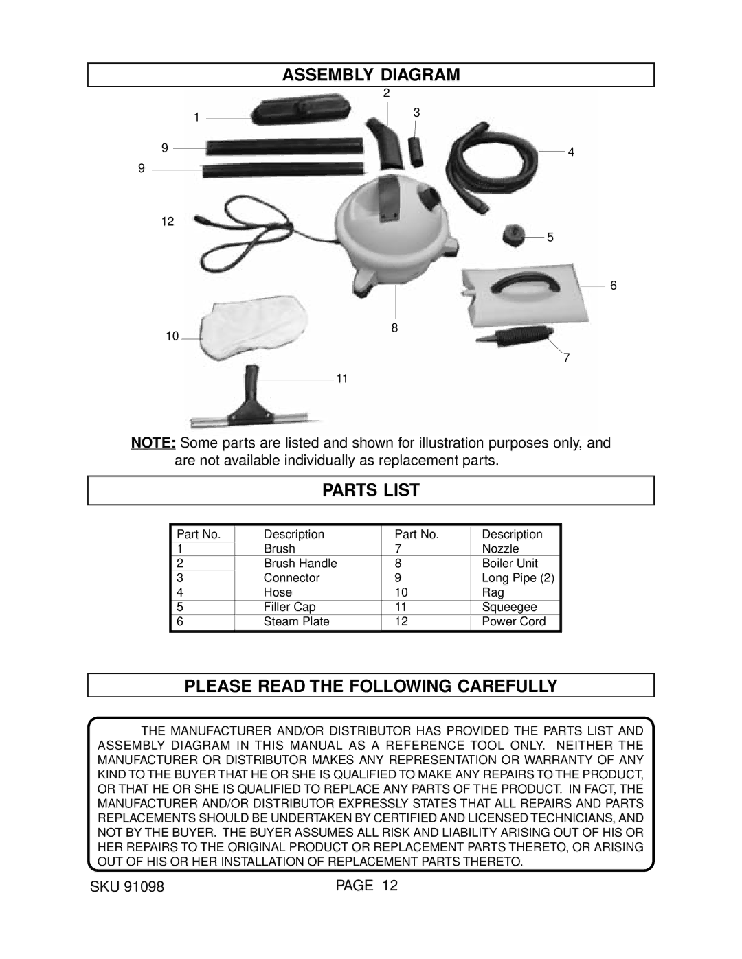 Harbor Freight Tools 93011 manual Assembly Diagram Parts List, Please Read the Following Carefully 