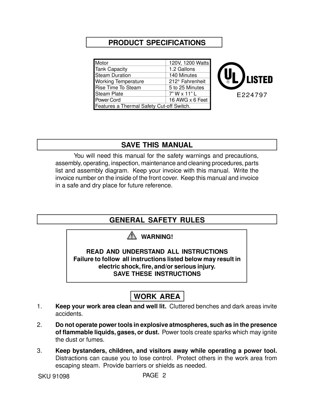 Harbor Freight Tools 93011 manual Product Specifications, Save this Manual, General Safety Rules, Work Area 