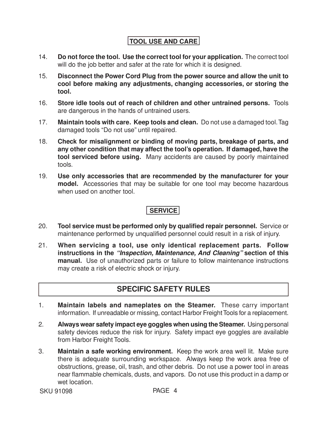 Harbor Freight Tools 93011 manual Specific Safety Rules, Tool USE and Care, Service 