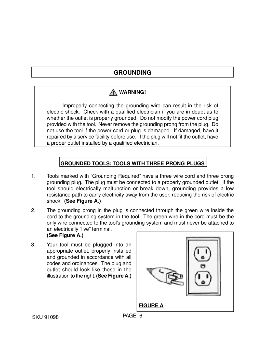 Harbor Freight Tools 93011 manual Grounding, Grounded Tools Tools with Three Prong Plugs, See Figure a 