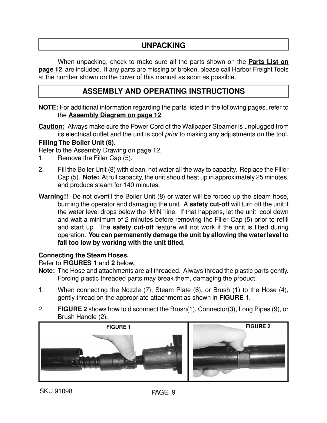 Harbor Freight Tools 93011 manual Unpacking, Assembly and Operating Instructions, Filling The Boiler Unit 