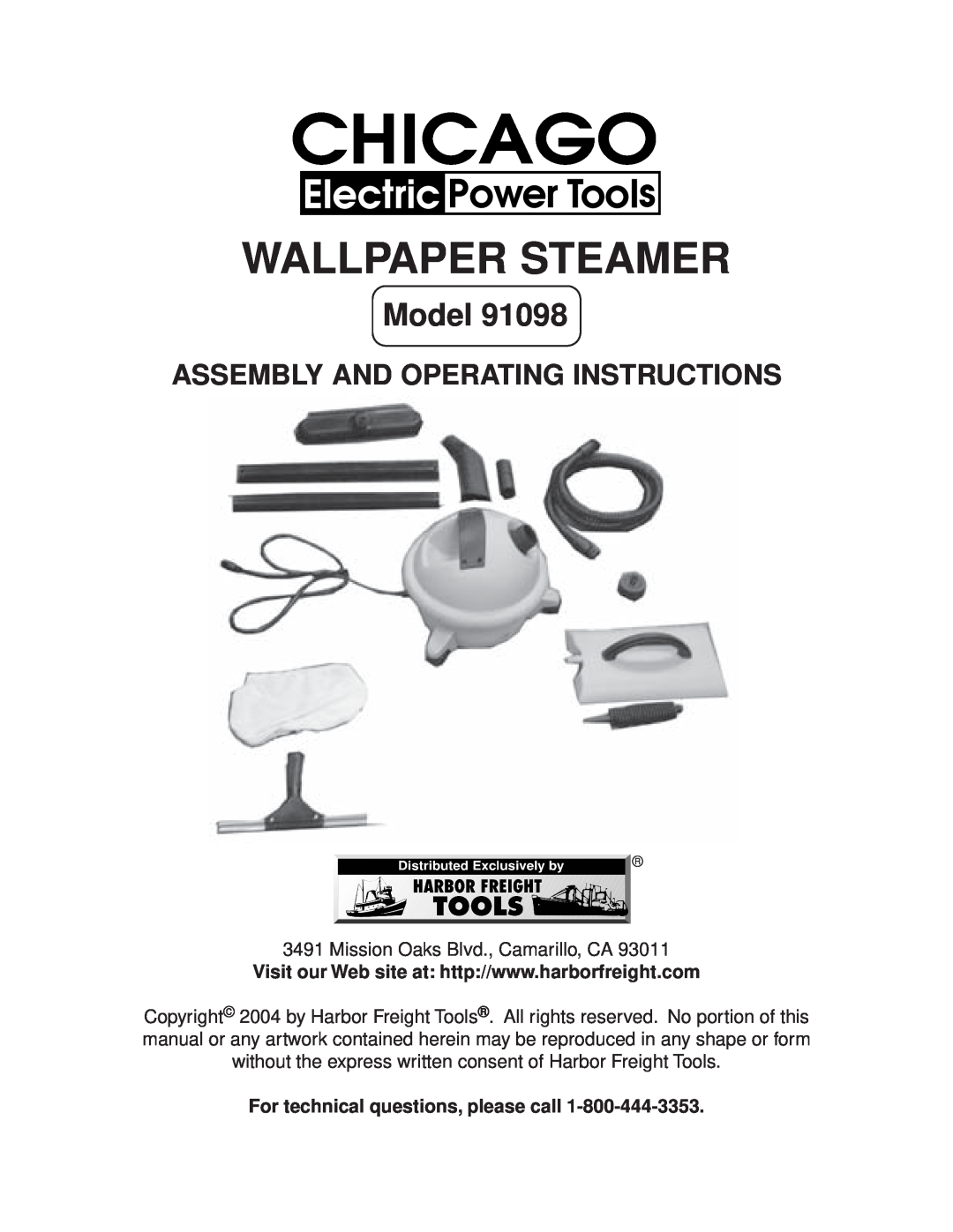 Harbor Freight Tools 93011 manual For technical questions, please call, Wallpaper Steamer, Model 