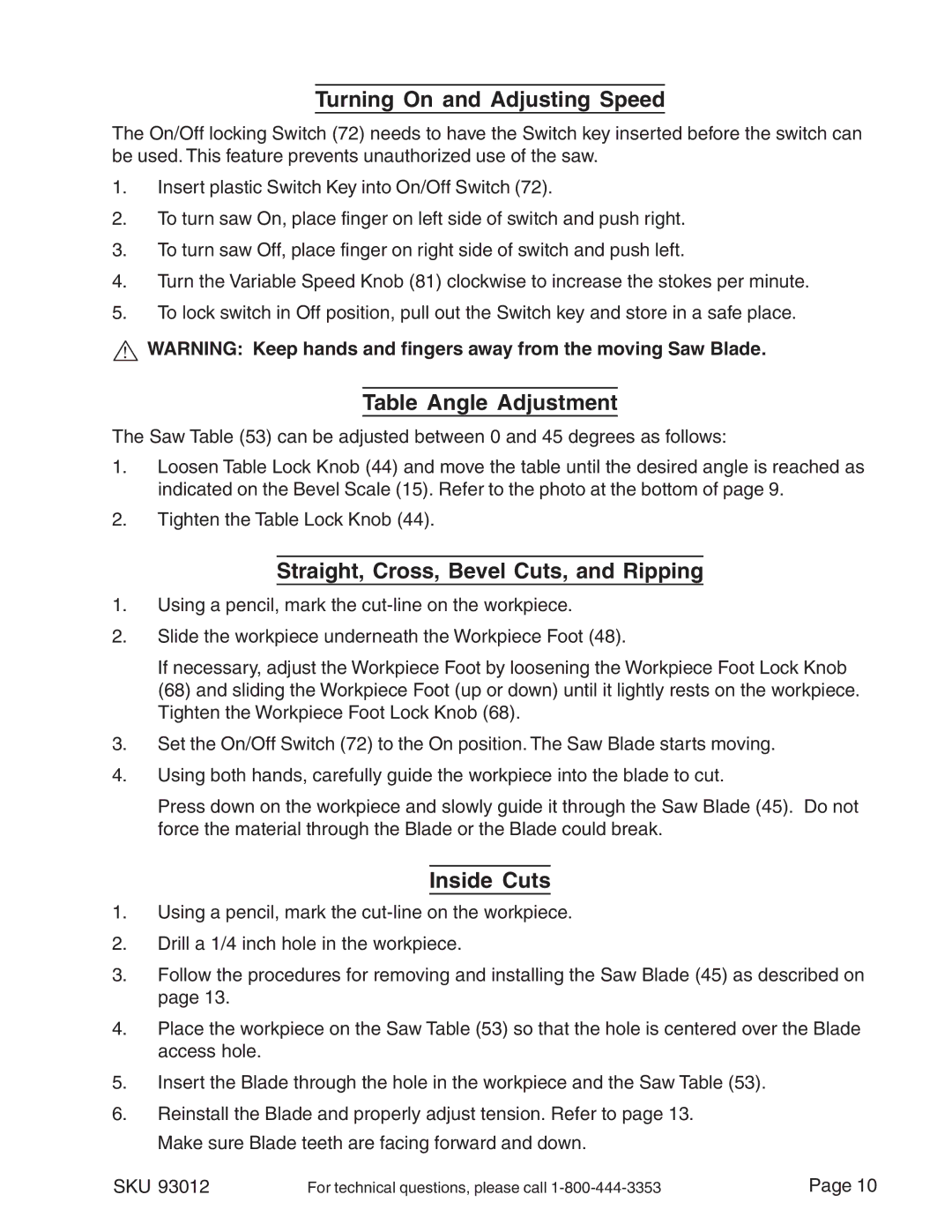 Harbor Freight Tools 93012 operating instructions Turning On and Adjusting Speed, Table Angle Adjustment, Inside Cuts 