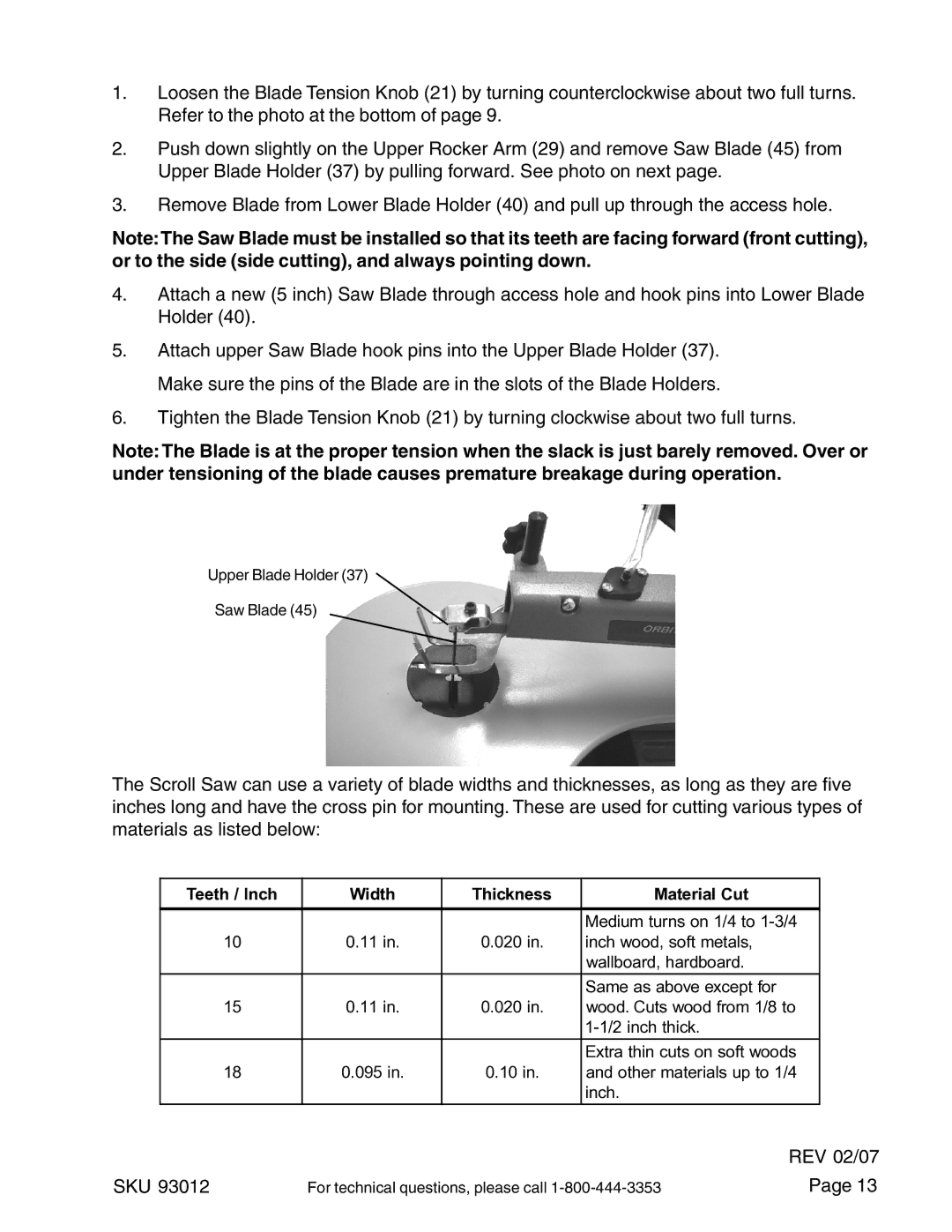 Harbor Freight Tools 93012 operating instructions Teeth / Inch Width Thickness Material Cut 