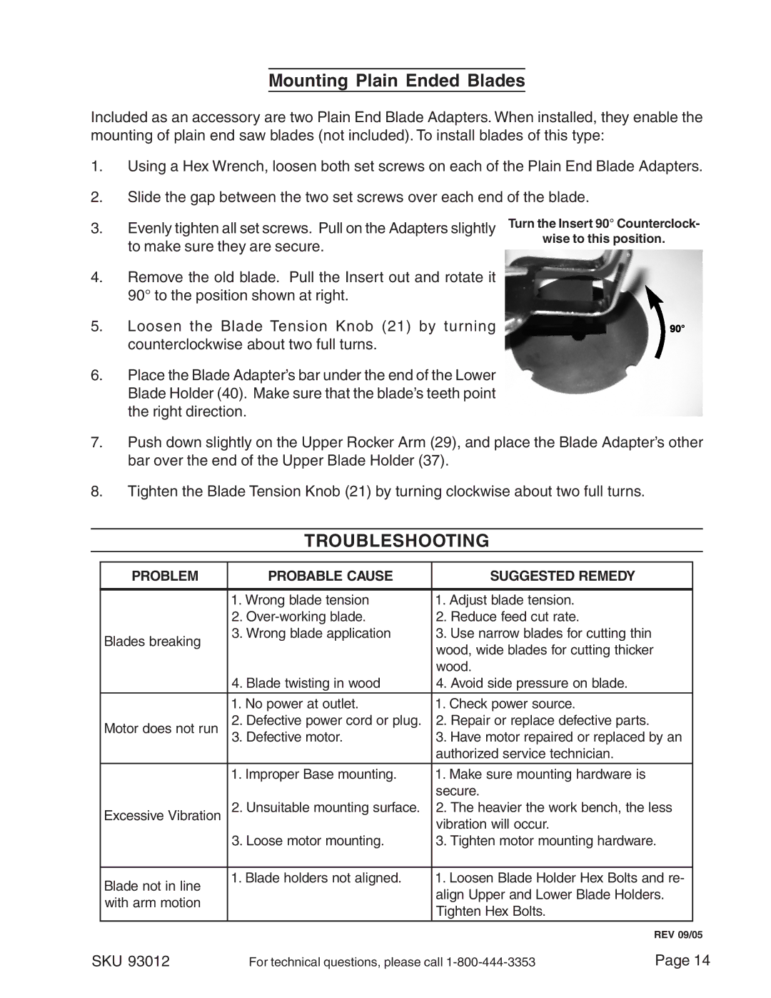 Harbor Freight Tools 93012 operating instructions Mounting Plain Ended Blades, Troubleshooting 