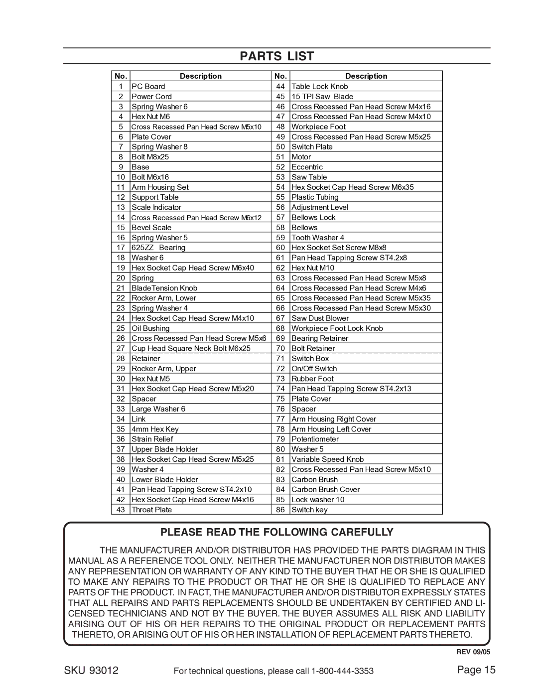 Harbor Freight Tools 93012 operating instructions Parts List, Description 