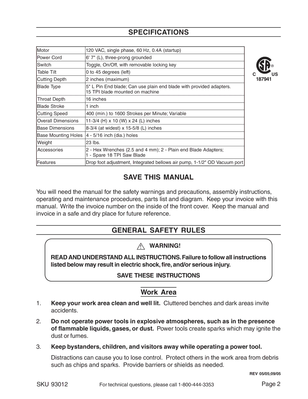 Harbor Freight Tools 93012 operating instructions Specifications, Save this Manual, General Safety Rules, Work Area 