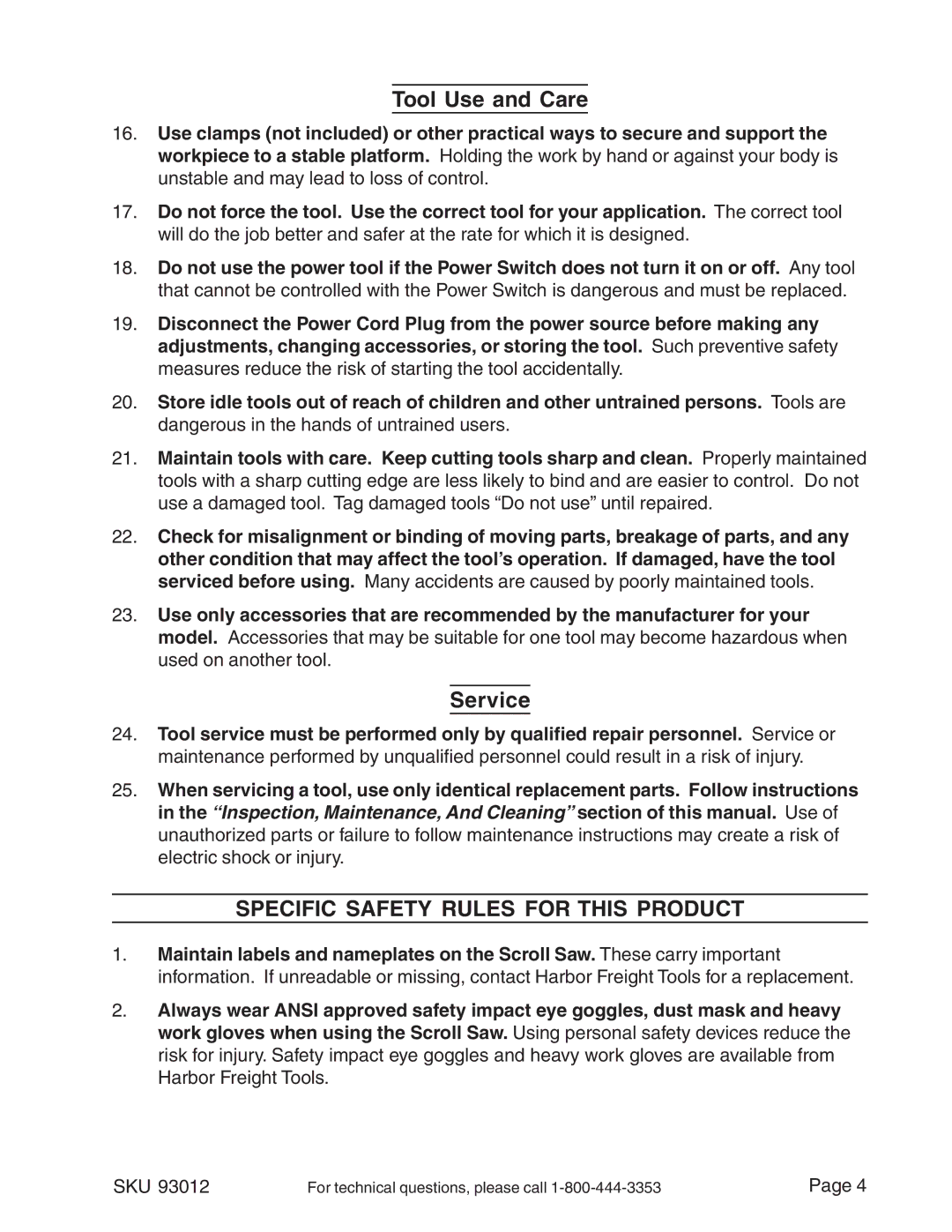 Harbor Freight Tools 93012 operating instructions Tool Use and Care, Service, Specific Safety Rules for this Product 