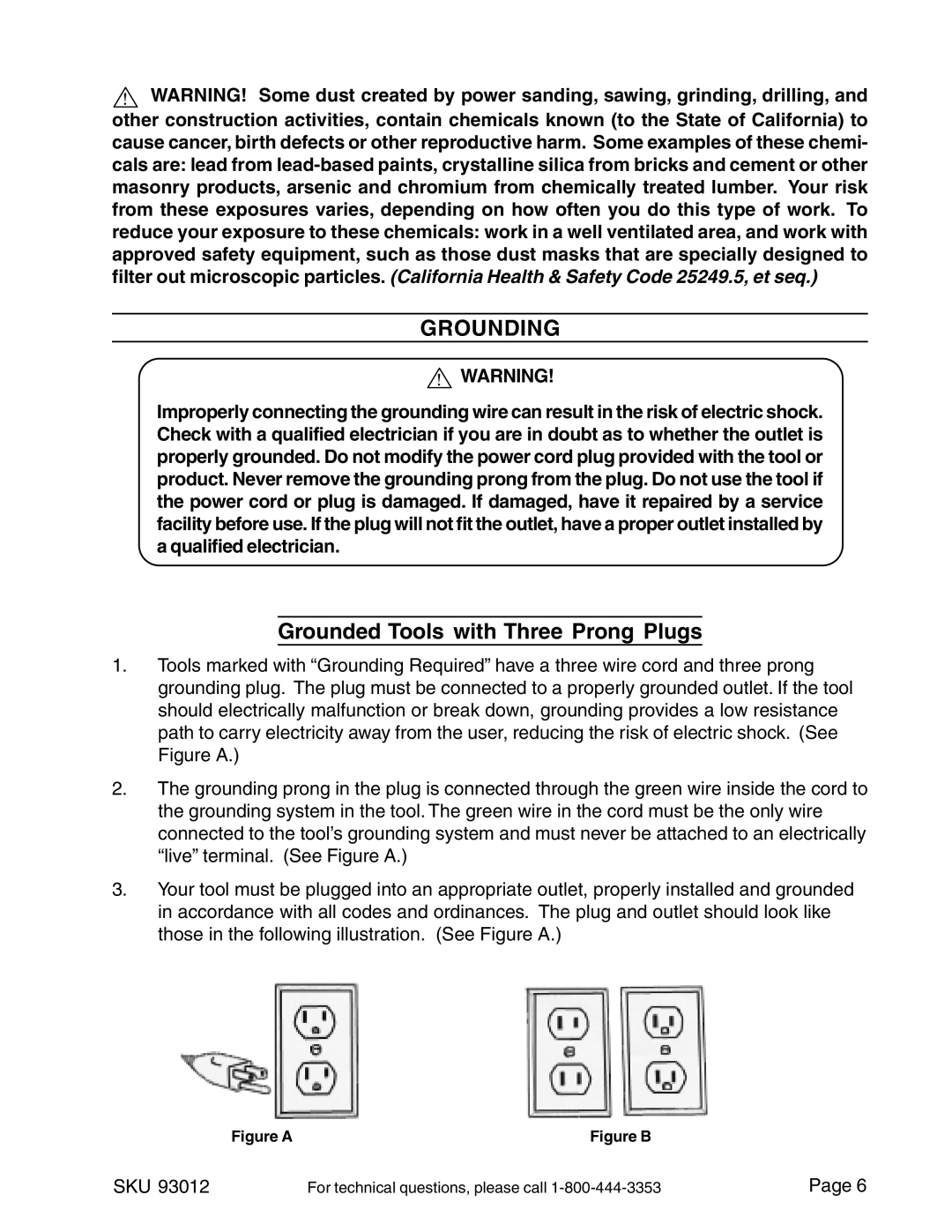 Harbor Freight Tools 93012 operating instructions Grounding, Grounded Tools with Three Prong Plugs 