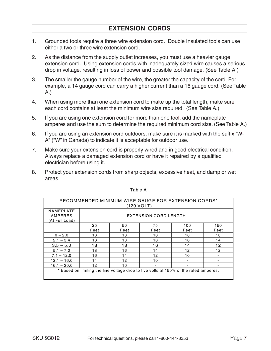 Harbor Freight Tools 93012 operating instructions Recommended Minimum Wire Gauge for Extension Cords 