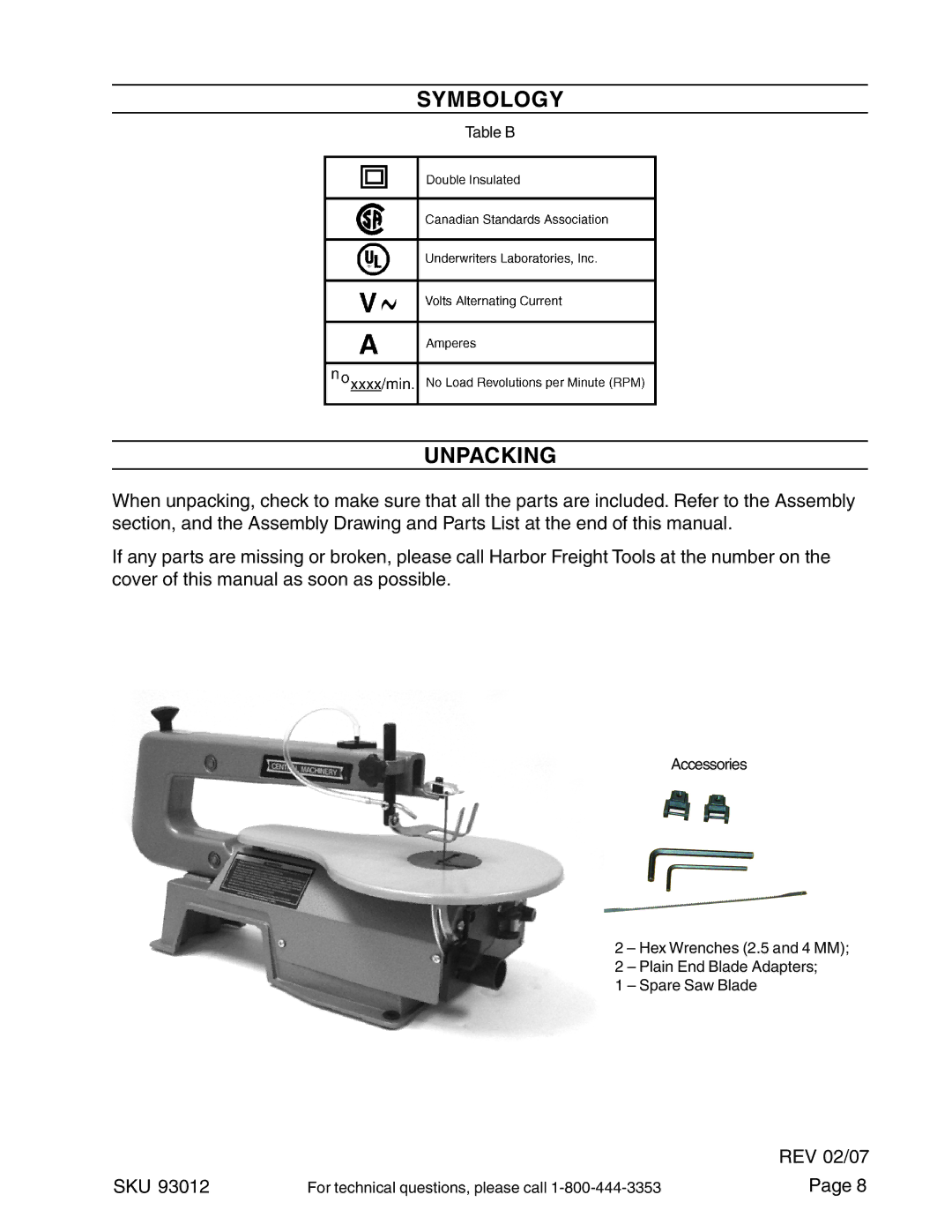 Harbor Freight Tools 93012 operating instructions Symbology, Unpacking 