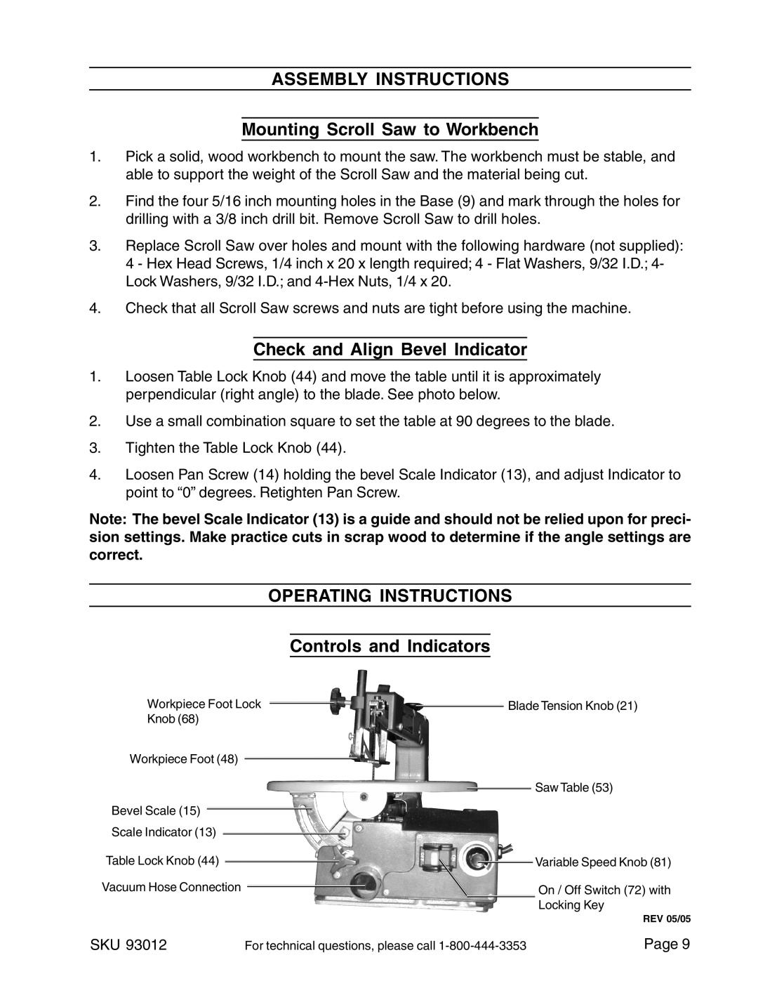 Harbor Freight Tools 93012 Assembly Instructions, Mounting Scroll Saw to Workbench, Check and Align Bevel Indicator 