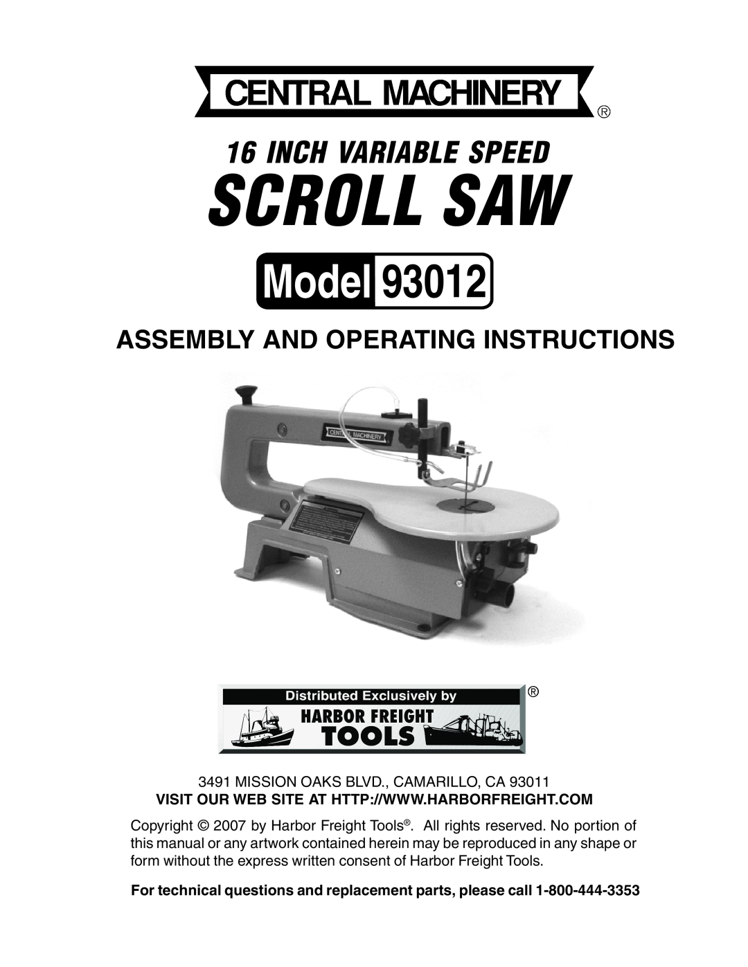 Harbor Freight Tools 93012 operating instructions Scroll Saw, Inch Variable Speed, Assembly And Operating Instructions 