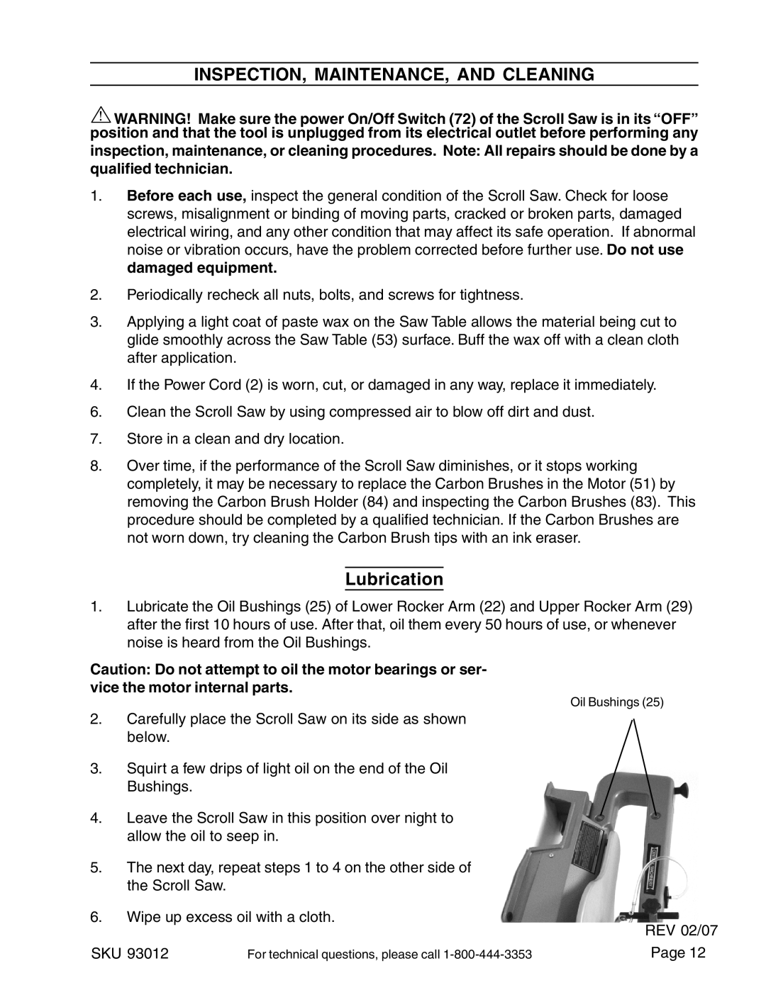 Harbor Freight Tools 93012 operating instructions Inspection, Maintenance, And Cleaning, Lubrication 