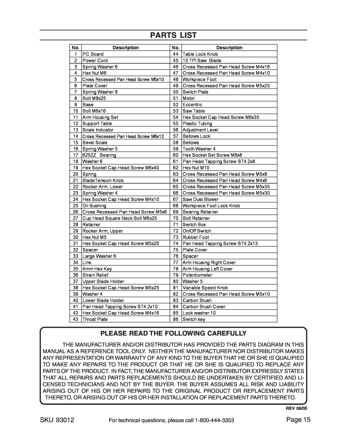 Harbor Freight Tools 93012 operating instructions Parts List, Please Read The Following Carefully 