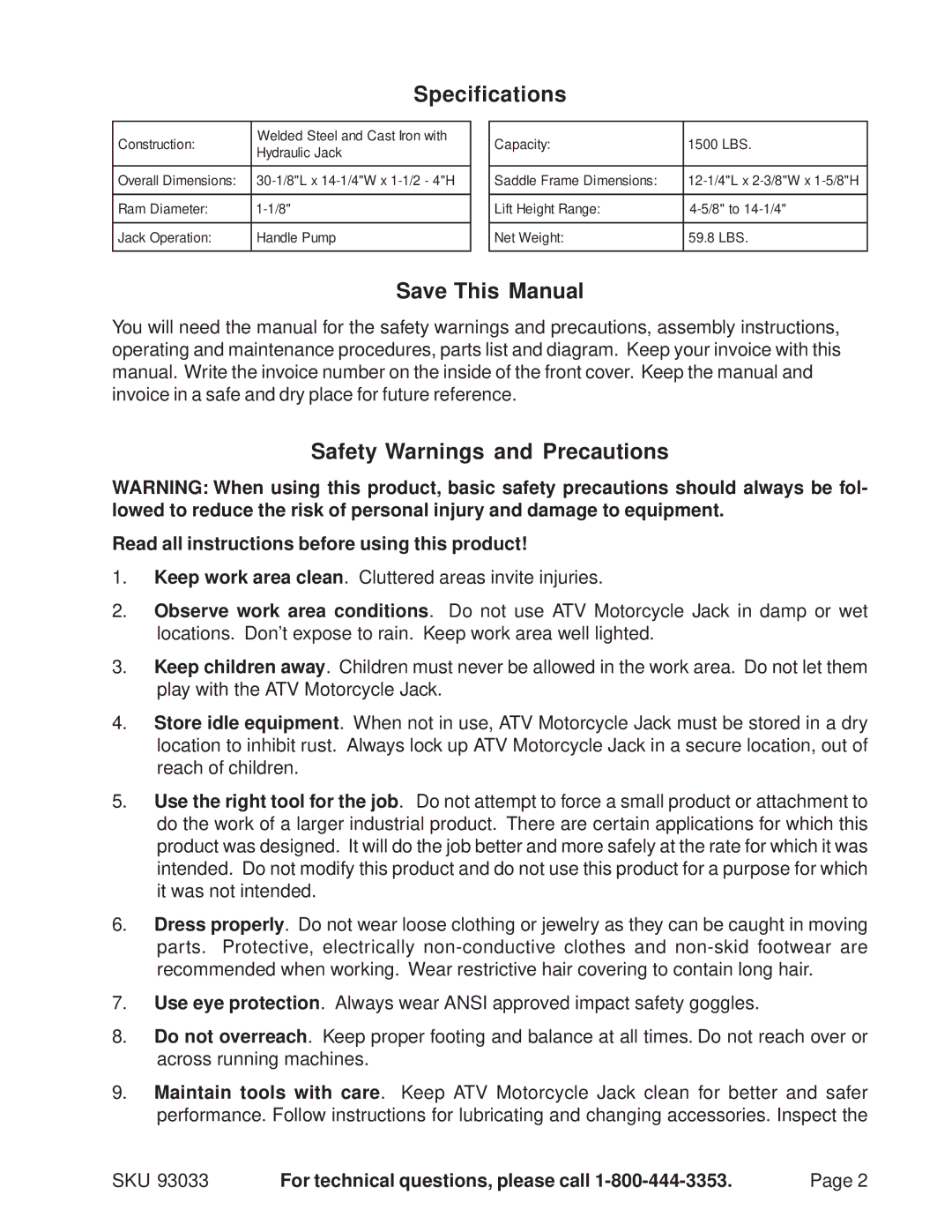 Harbor Freight Tools 93033 operating instructions Specifications, Save This Manual, Safety Warnings and Precautions 