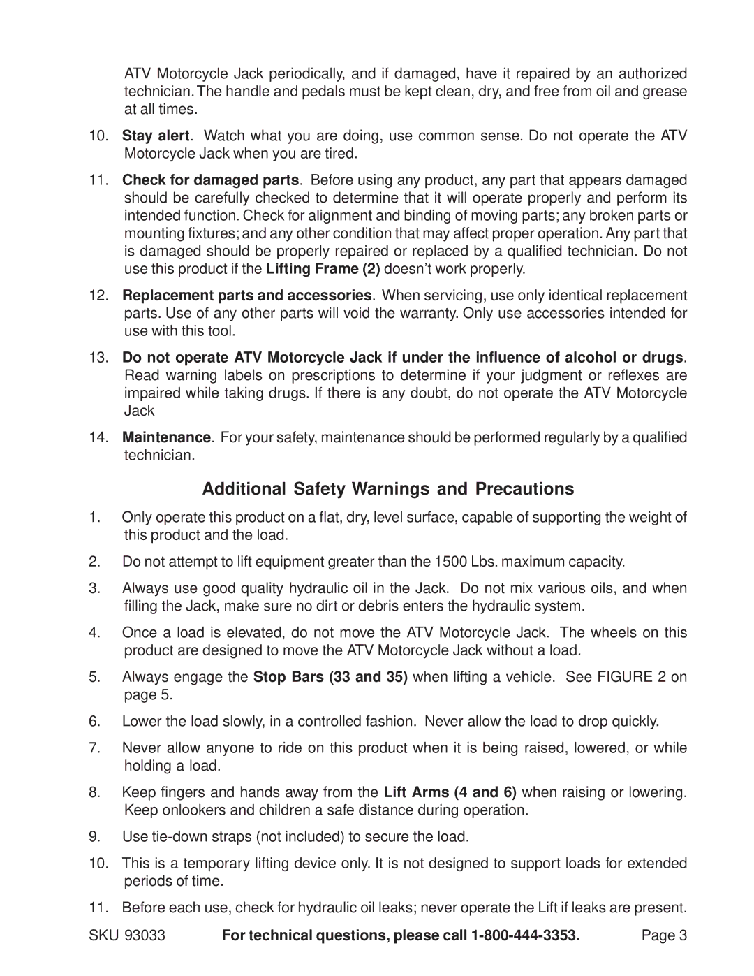 Harbor Freight Tools 93033 operating instructions Additional Safety Warnings and Precautions 