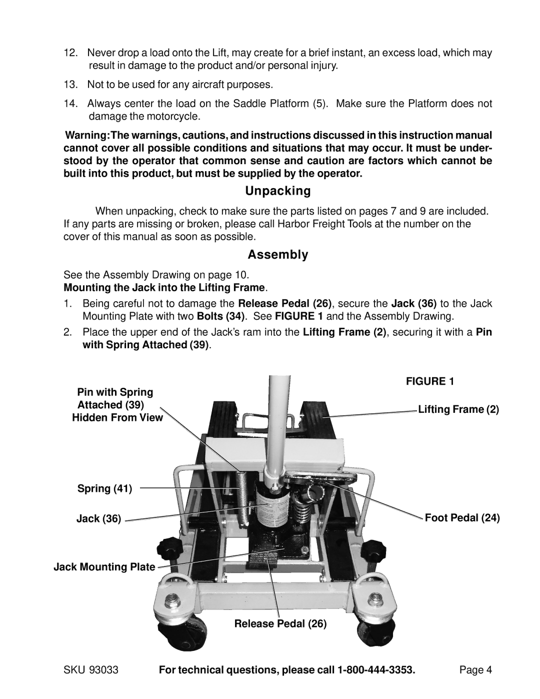 Harbor Freight Tools 93033 operating instructions Unpacking, Assembly, Mounting the Jack into the Lifting Frame 