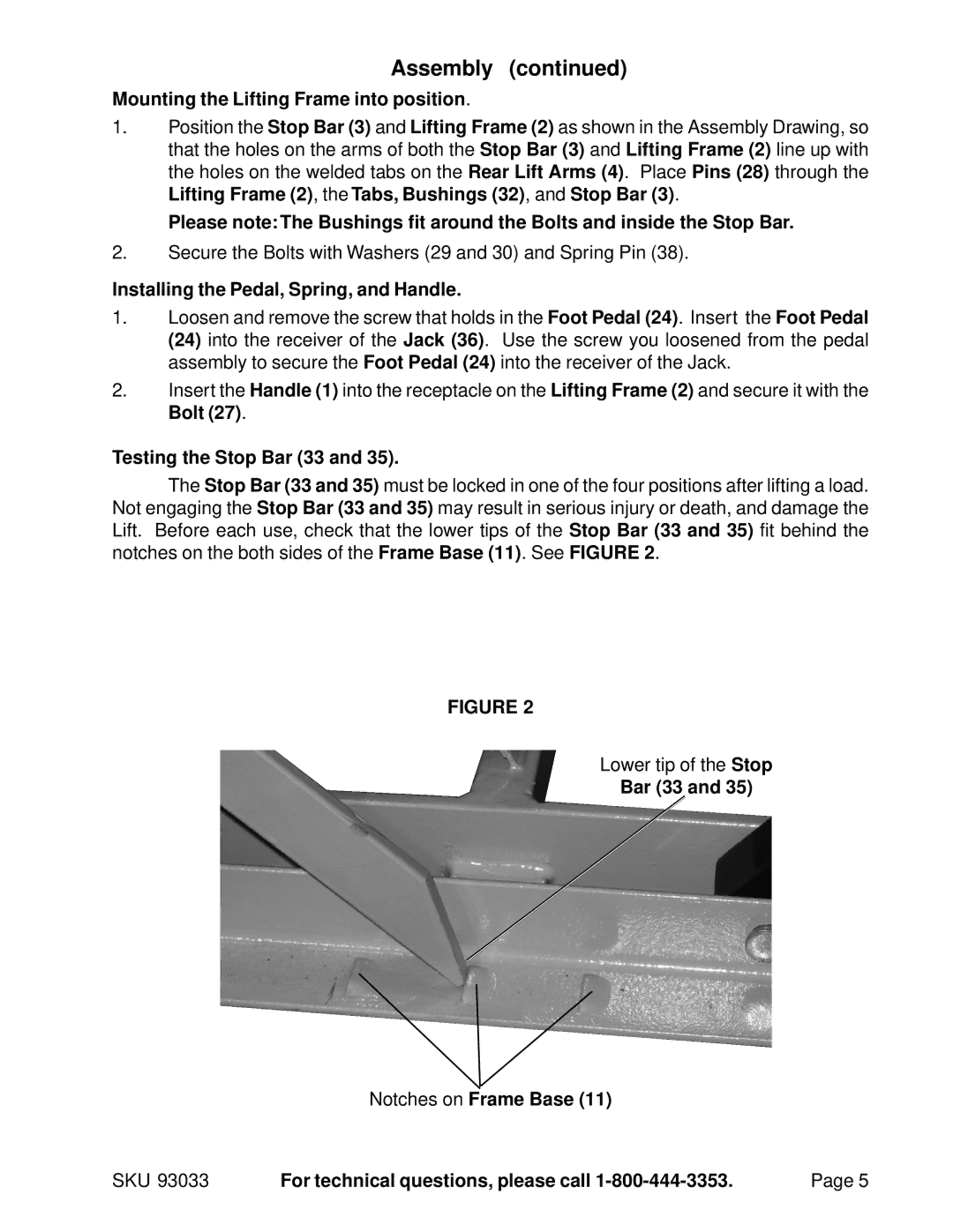 Harbor Freight Tools 93033 Mounting the Lifting Frame into position, Installing the Pedal, Spring, and Handle 