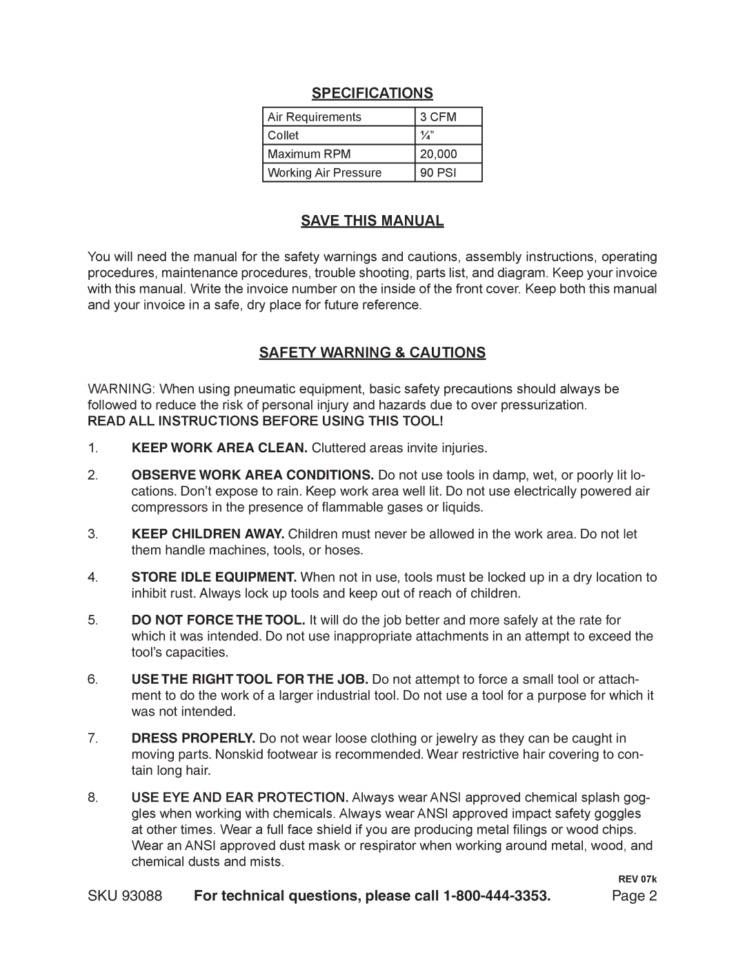 Harbor Freight Tools 93088 operating instructions Specifications, Read ALL Instructions Before Using this Tool 