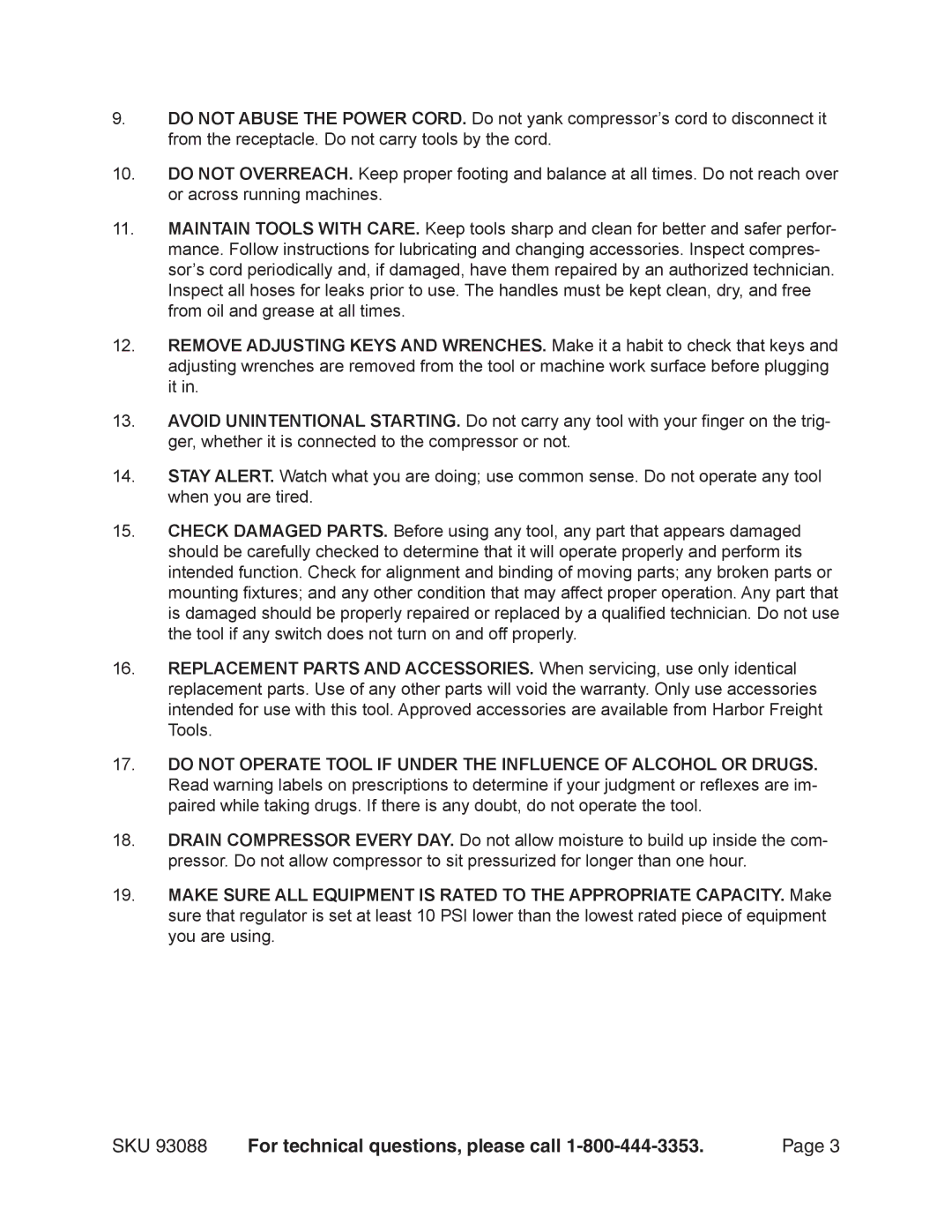 Harbor Freight Tools 93088 operating instructions SKU For technical questions, please call 