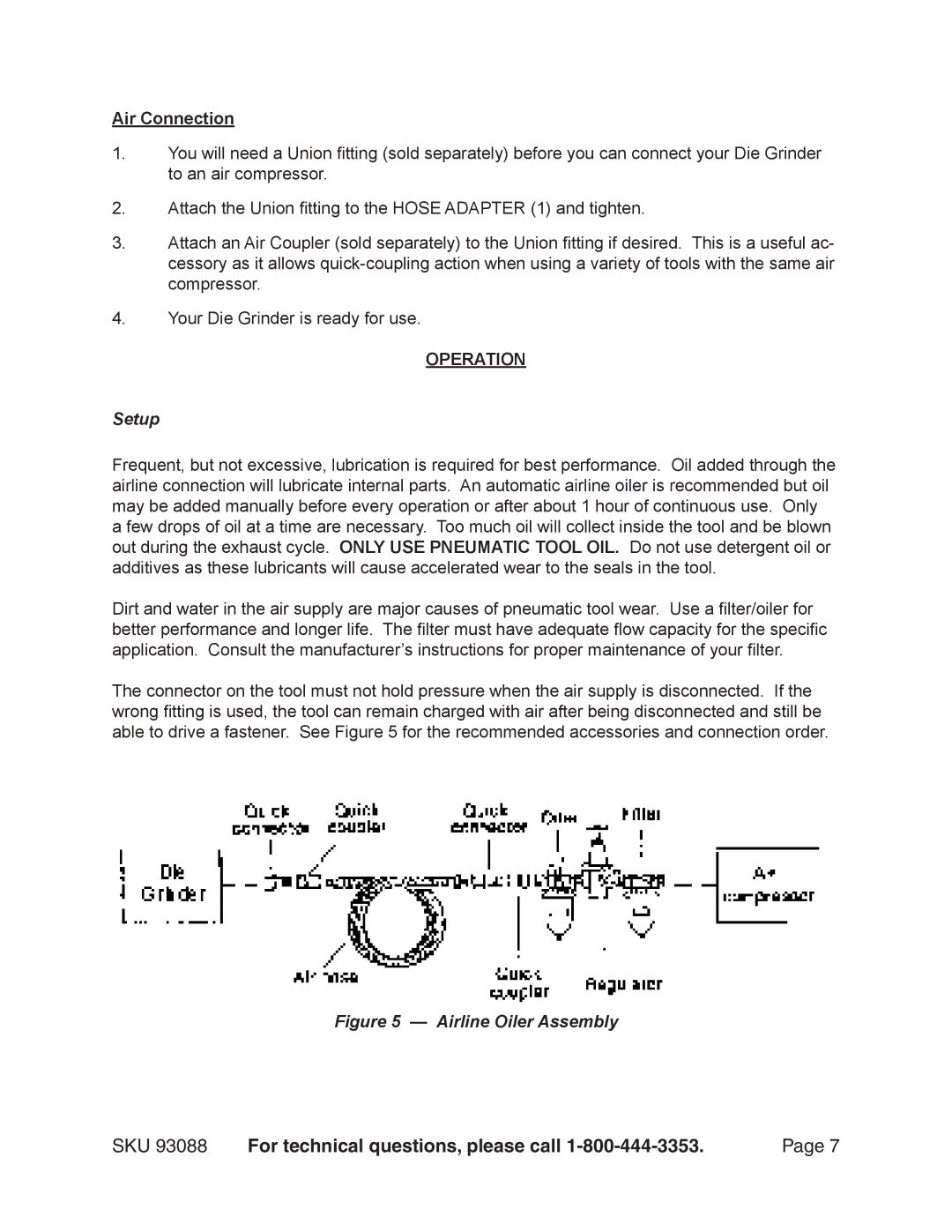 Harbor Freight Tools 93088 operating instructions Air Connection, Operation 