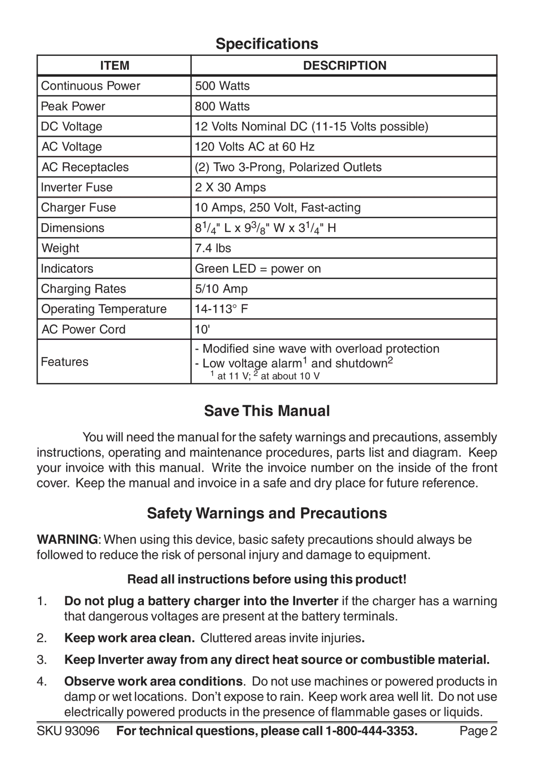 Harbor Freight Tools 93096 Specifications, Save This Manual, Safety Warnings and Precautions, Description 