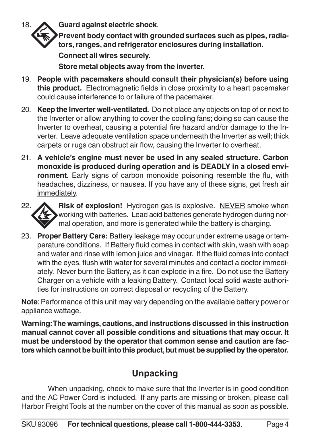 Harbor Freight Tools 93096 operating instructions Unpacking 