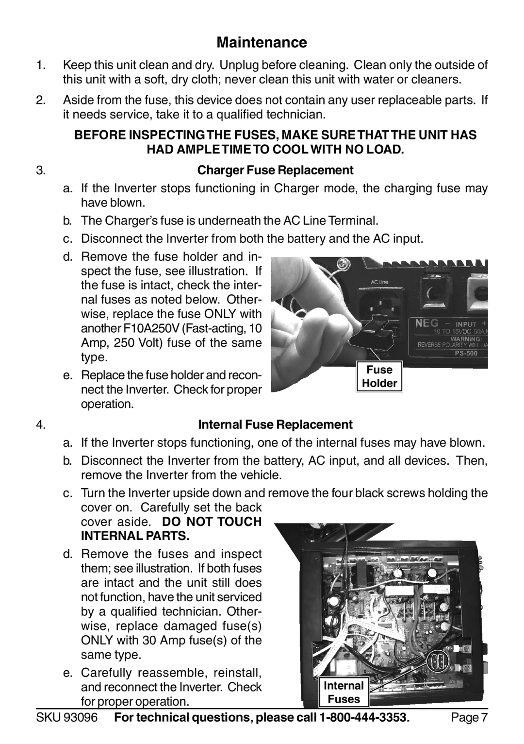 Harbor Freight Tools 93096 operating instructions Maintenance, Internal Parts 