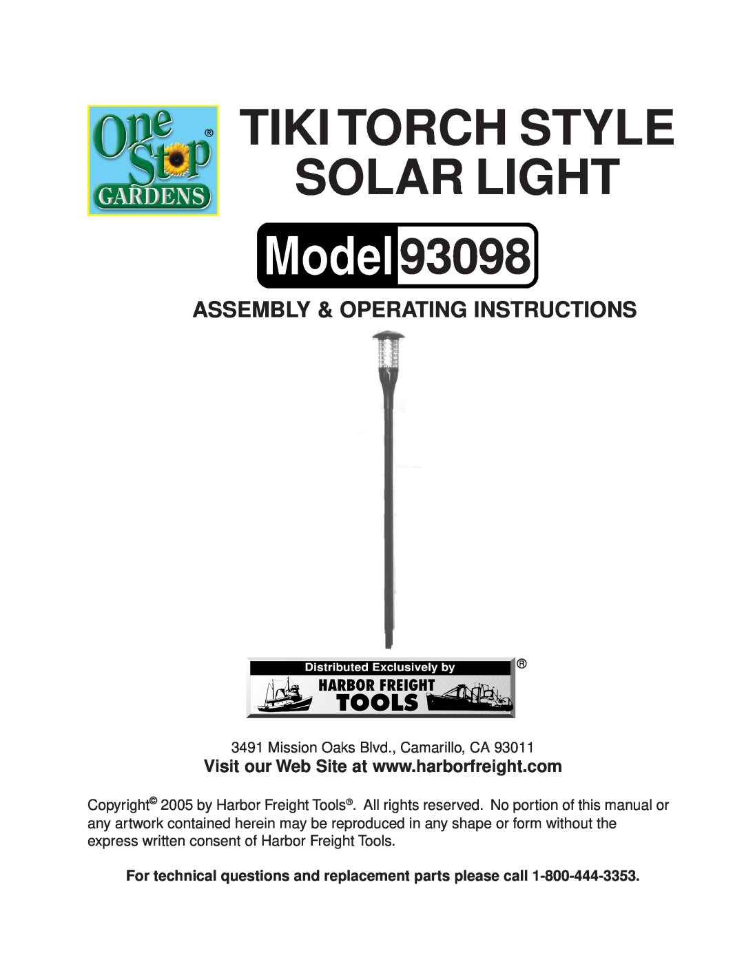 Harbor Freight Tools manual TIKI TORCH STYLE SOLAR LIGHT 93098, Assembly & Operating Instructions 